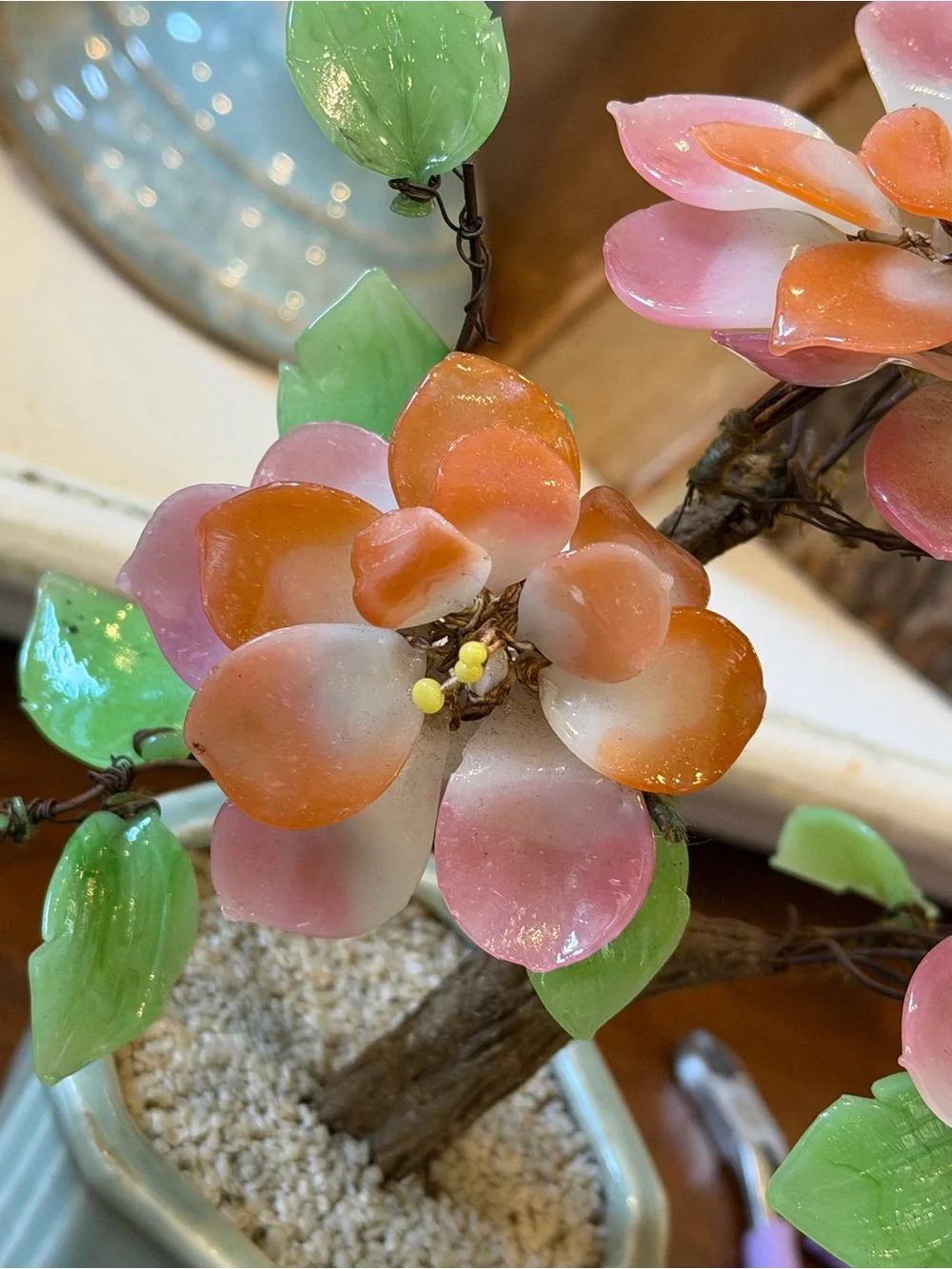 Vintage Asian Cherry Blossom Bonsai Tree. Glass Jade Leaves. 1970’s Unique